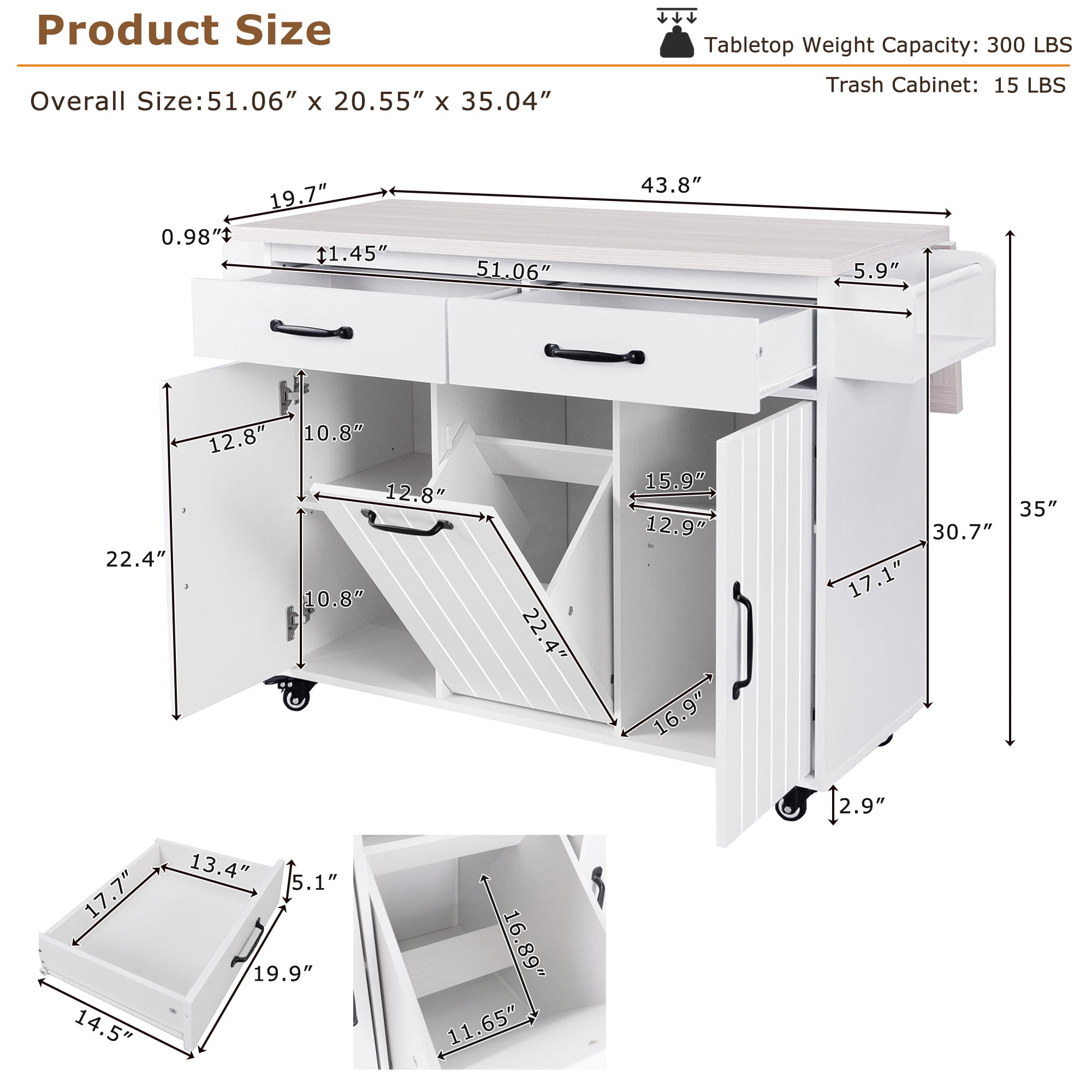 EUROCO 500LBS Rolling Kitchen Island with 15 Gallon Storage Trash Can,Kitchen Cart Island with Drop Leaf,Tilt Out Kitchen Trash Cabinet with Spice Rack, Adjustable Shelf and Drawers,White