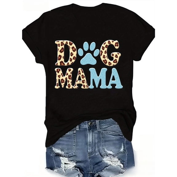 Dog Mama T-Shirt Graphic Tee Leopard Top Paw Print Design Cotton Short Sleeve Casual Black S-5XL