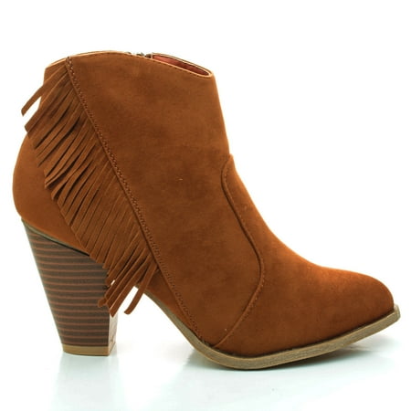

Rebel25 by Bamboo Almond Toe Western Ankle Fringe Chunky Heel Boots