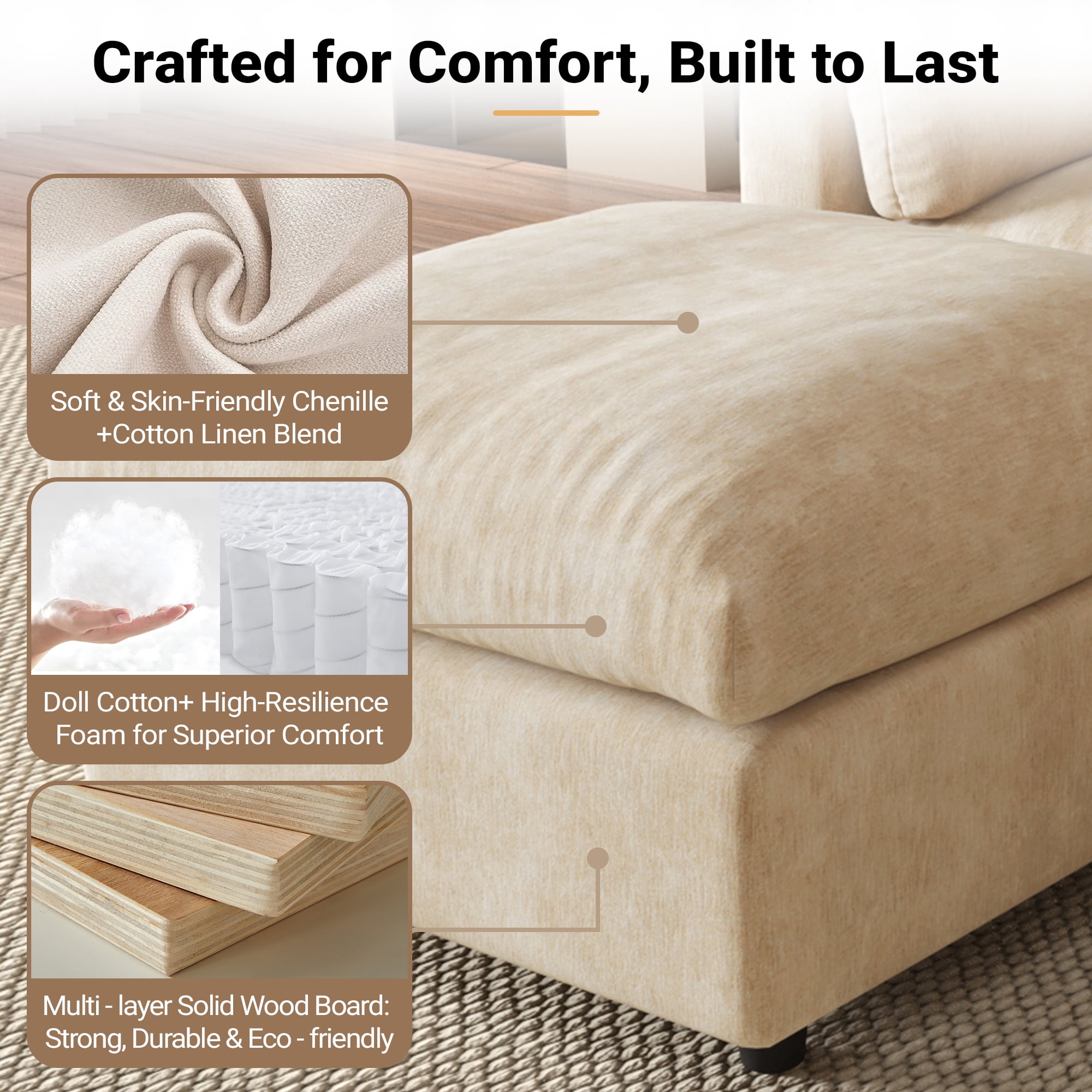 Magic Home Modern Chenille Movable Ottoman, Modular Sectional Sofa
