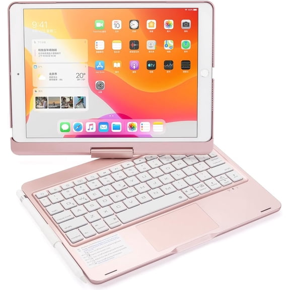 360 Rotatable Smart Cover with Backlit Trackpad Keyboard & Pen Slot, Protective Folio Fit iPad 7/8/9 Gen / Air 3 / Pro 10.5, Rose Gold