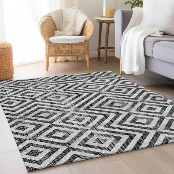 Addison Rugs Chantille Indoor/Outdoor Transitional Geometric Black Washable Rectangle Rug, 5' x 7'6"