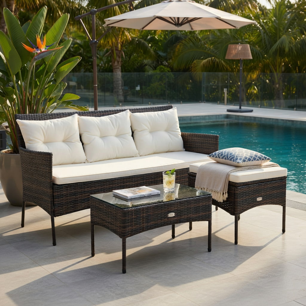 Hommoo 3-Piece Modern Patio Sectional Set with 5 Premium Cushions, All-Weather Rattan Sofa, Ottoman & Glass Coffee Table for Backyard, Poolside & Garden, White