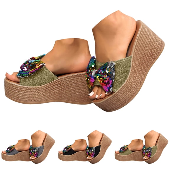 Dakaela Women's Platform Sandals Cork Wedge Heel Espadrille Sequin Bow Slip on Slides Wide Width Casual Summer Walking Slippers Size 6-10