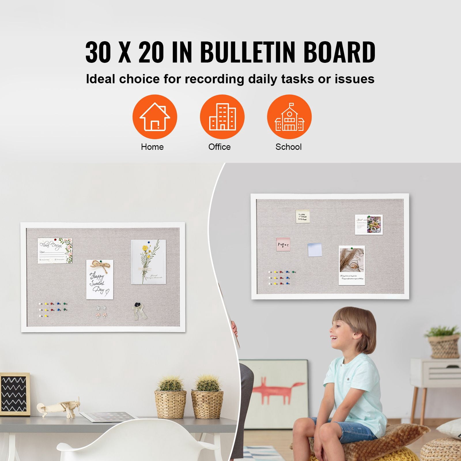 30 x 20 Inch Large Bulletin Board, White Polyester-Cotton Surface, MDF Frame, 7mm Fiberboard Core, Complete with Push Pins & Installation Kit, for Home, Office & Classroom