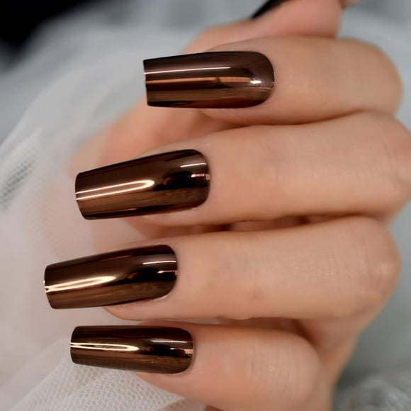 Champagne Metallic Press On Nails Long Coffin Shiny Fancy Sexy Prom Party Gold Coffee Faux Ongles 24pcs