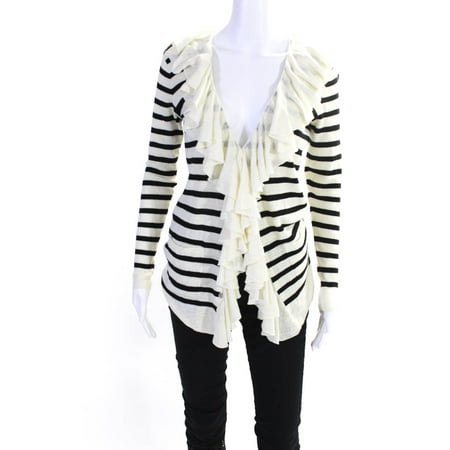 

Pre-owned|Ralph Lauren Blue Label Womens Striped Ruffle Cardigan Black White Size Small