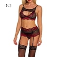 thumbnail image 1 of Conjunto de lencería sexy de encaje para mujer, ropa interior de malla hueca, sujetador, ropa de dormir, rojo vino, L Eigraketly XX000092-12, 1 of 7
