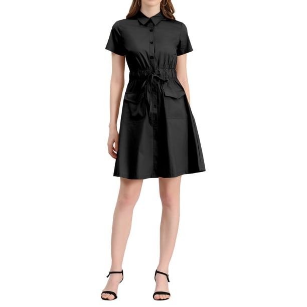 Vestido mini negro con ajuste y vuelo para mujer, con cuello, bolsillos y cintura elástica Inspire Chic