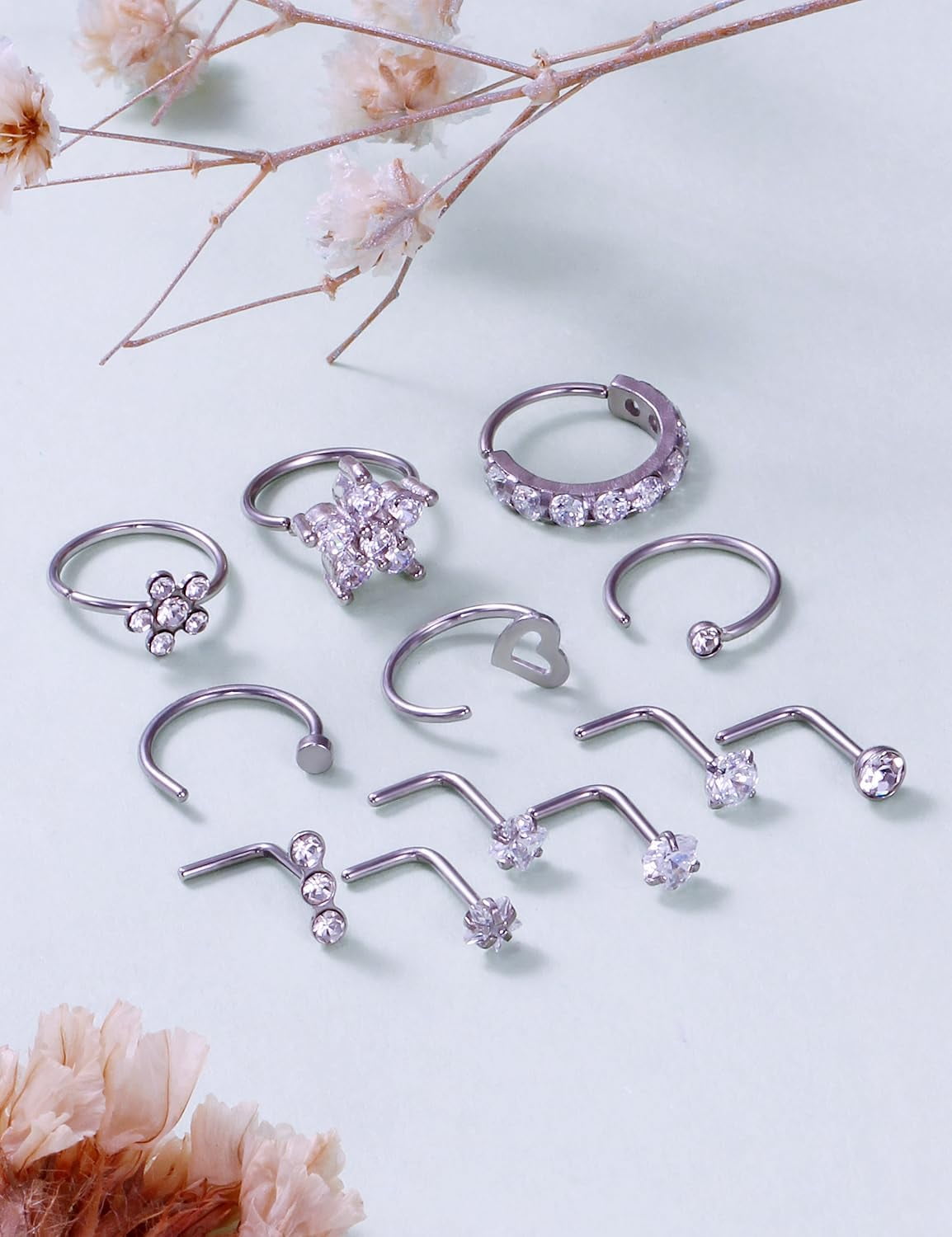 Lot De 12 Piercings De Nez En Acier Chirurgical - Formes L, Diamant, Fleur, Papillon, Cœur - 2