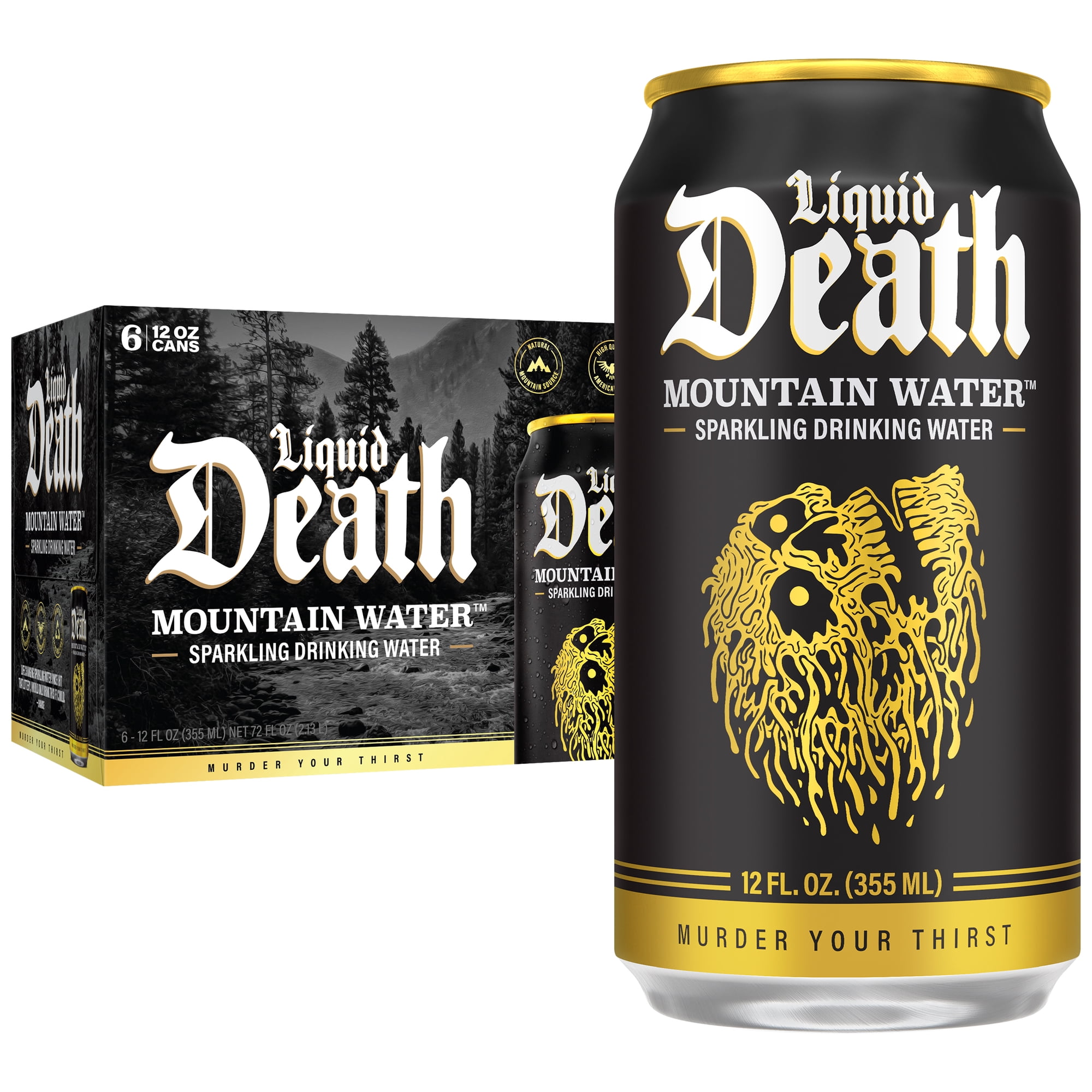 Liquid Death, Sparkling Mountain Water, 6-Pack (12oz Cans), Natural Mountain Source, Infinitely Recyclable Ice-Cold Cans