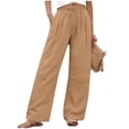 thumbnail image 3 of TaTaai Women's Solid Color Breathable Cotton Linen Straight Long Pants Drawstring Waist Knee Pleat Design with Pockets Fashion Casual Beach Trousers for Spring Summer Daily Outings Gift, 3 of 9