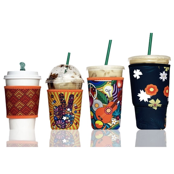 4-Pack (12-32oz) Reusable Neoprene Insulator Sleeves for Iced Coffee or Cold Beverage Cups (Vintage Hippie Mix)