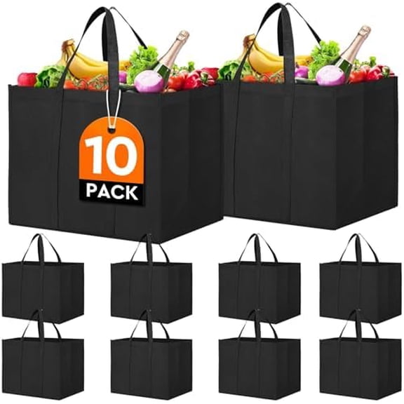 Reusable Grocery Shopping Bags 10 Pack Large Foldable Tote Bags Bulk, with Long Handle for Shopping Groceries Clothes (Black)