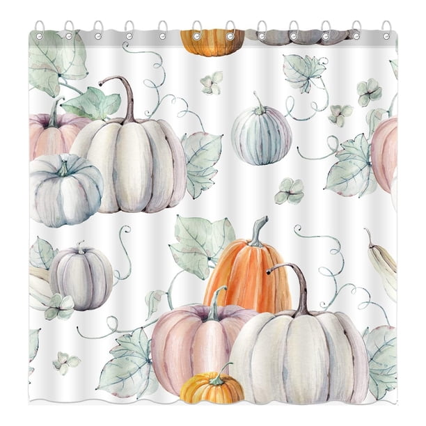 Cortina de baño con diseño de calabazas otoñales de acuarela con ramas doradas, hojas que caen, cosecha, día de Acción de Gracias, tela impermeable, lavable a máquina, con ganchos, 72" de ancho x 72"