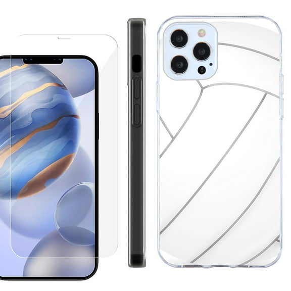 Slim Fit Protective Phone Case for Apple iPhone 12 / iPhone 12 Pro, with Tempered Glass Screen Protector, by OneToughShield ® - Volleyball