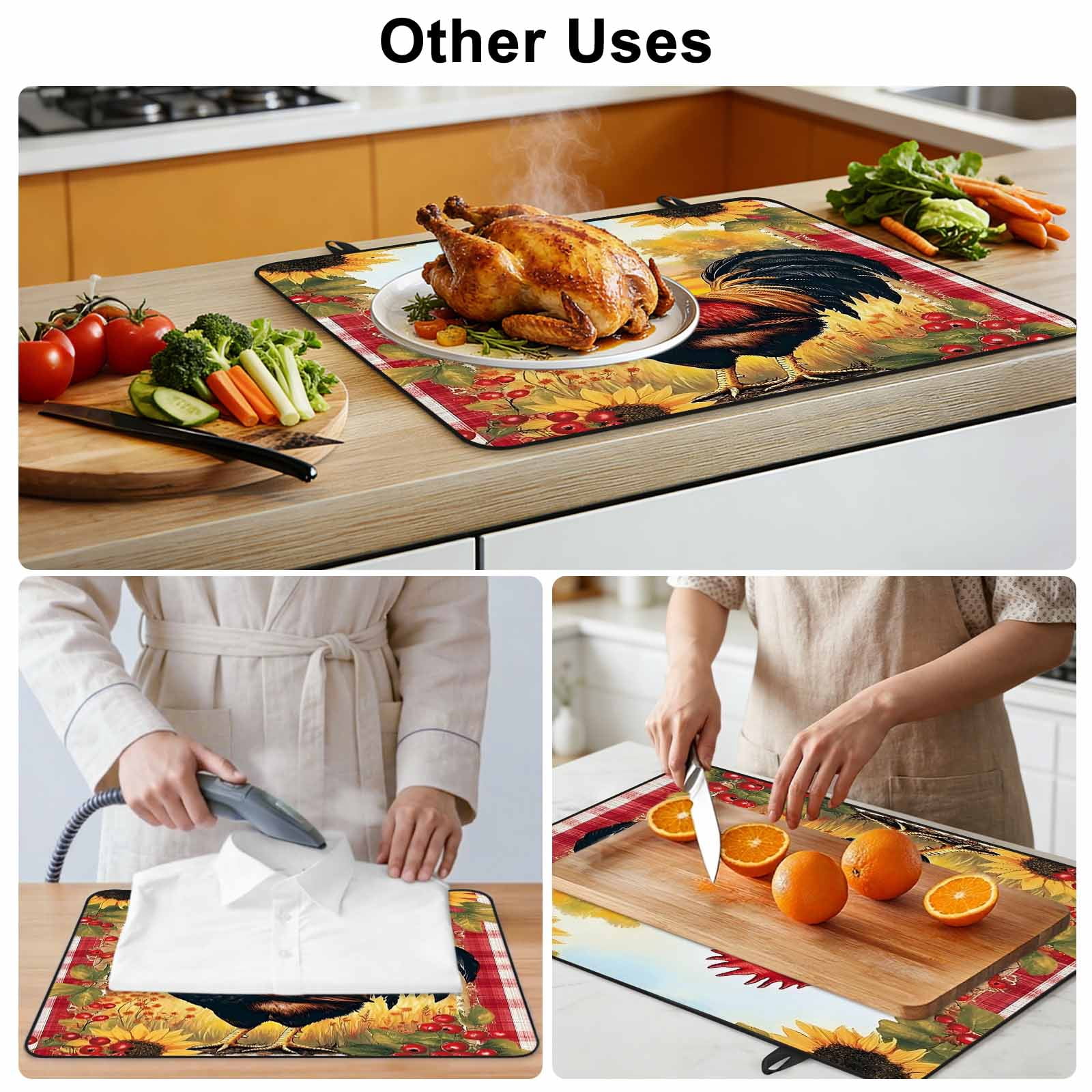 Retro Rooster Stove Top Cover for Electric Stove, Heat-proof & Non Slip Glass Top Stove Cover Protector, Yellow Sunflower Red Plaid Farmhouse Kitchen Flat Cooktop Rubber Mat 24x21 Inches