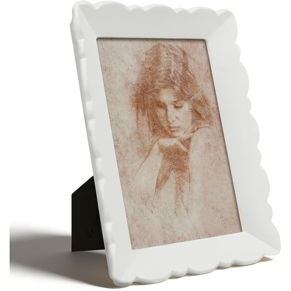 White Picture Frames 4x6, Modern Minimalist Tabletop and Wall Display Frame for Home Décor, Hand Painted Resin Photo Frame with Carved Scalloped Edge Design