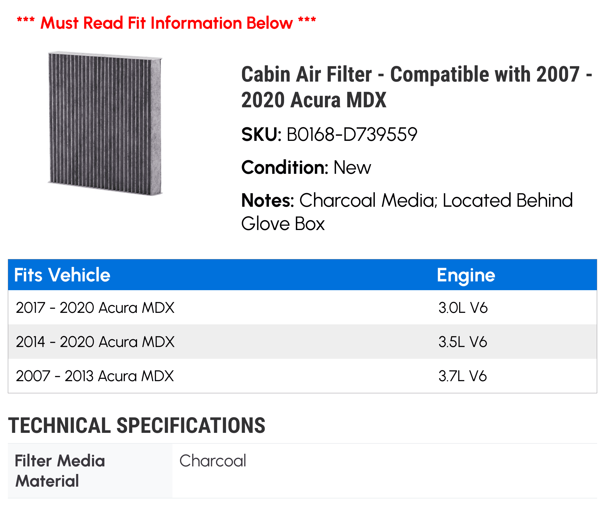Cabin Air Filter - Compatible with 2007 - 2020 Acura MDX 2008 2009 2010 2011 2012 2013 2014 2015 2016 2017 2018 2019