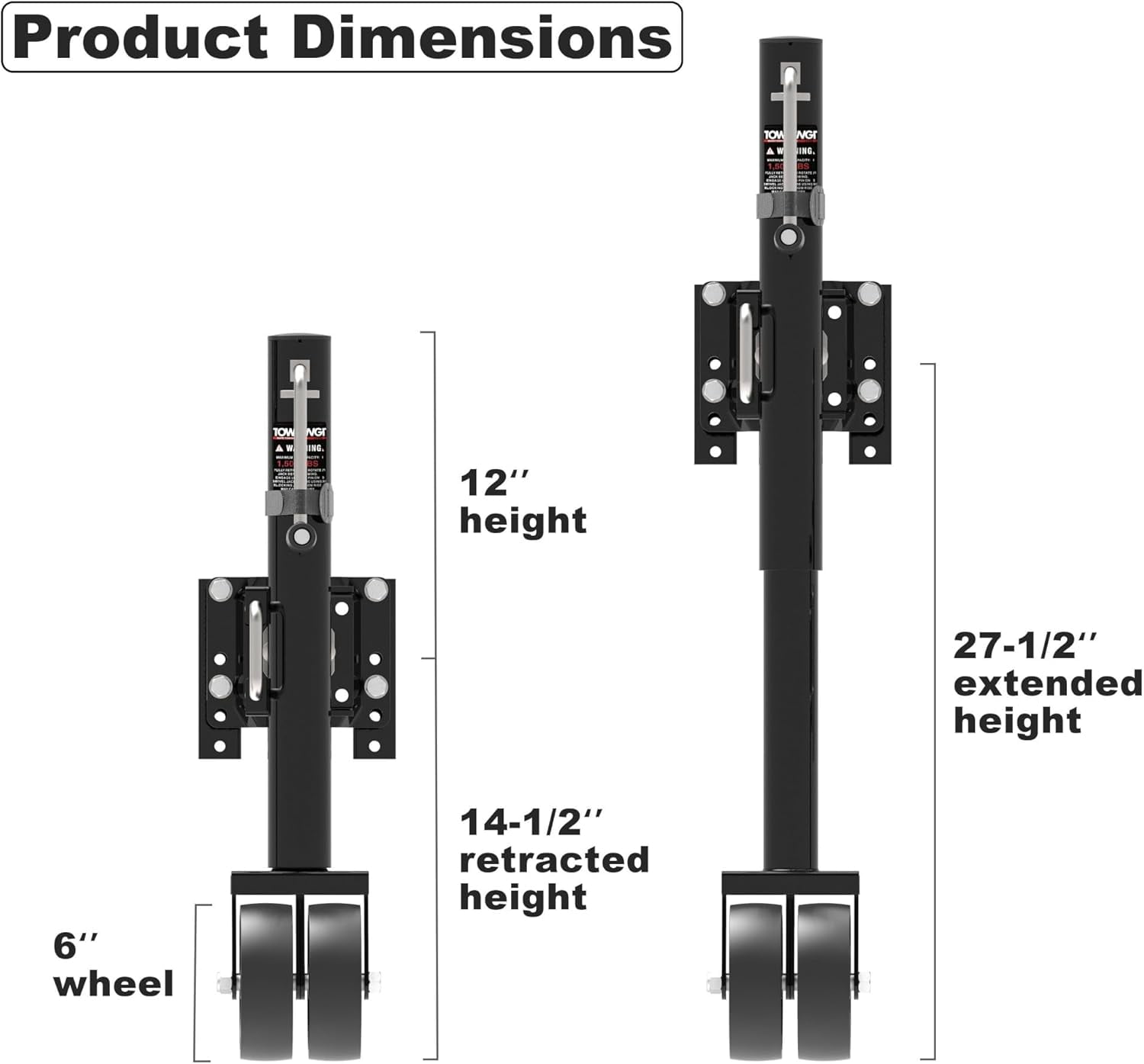 TOWKING 6-inch Dual Wheels Trailer Jack, 13" Vertical Movement, 1500 lbs, for RV, Boat, Trailer and More, Black