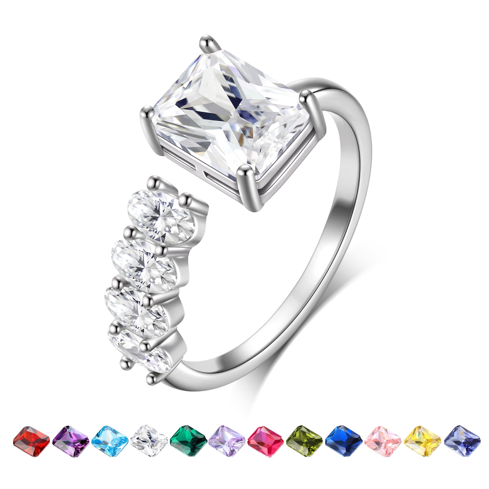 Beautlace 925 Sterling Silver Birthstone Ring,Adjustable Square Zirconia Band Ring Jewelry Gifts for Women
