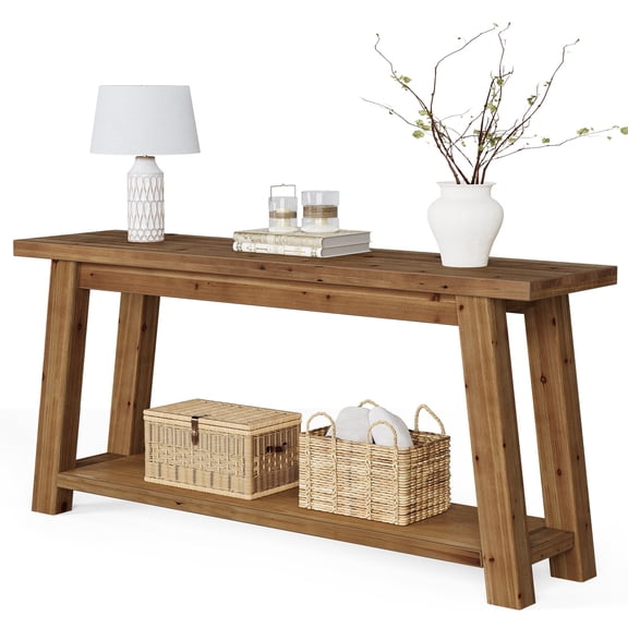 Fnova 70.9" Solid Wood Console Table, Farmhouse 2-Tier Entryway Table with Storage, Narrow Long Sofa Table for Living Room, Hallway