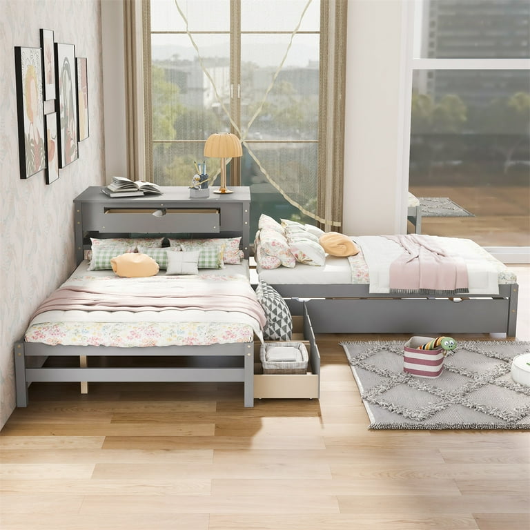 Wooden Corner Bed Frame with Trundle and Drawer For Bedroom Guest Room L shaped Platform Beds with Twin Size Trundle and Drawers Linked with Built in