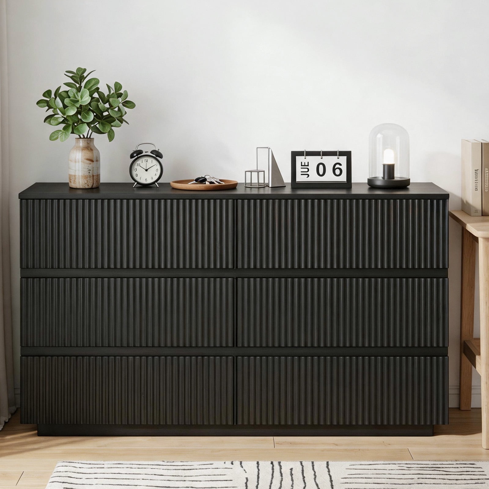Handleless 6-Drawer Dresser with Grille Finish P2 Particleboard + MDF & Melamine Veneer + Vacuum-Formed Bedside Table 55.12*15.75*27.95in Black