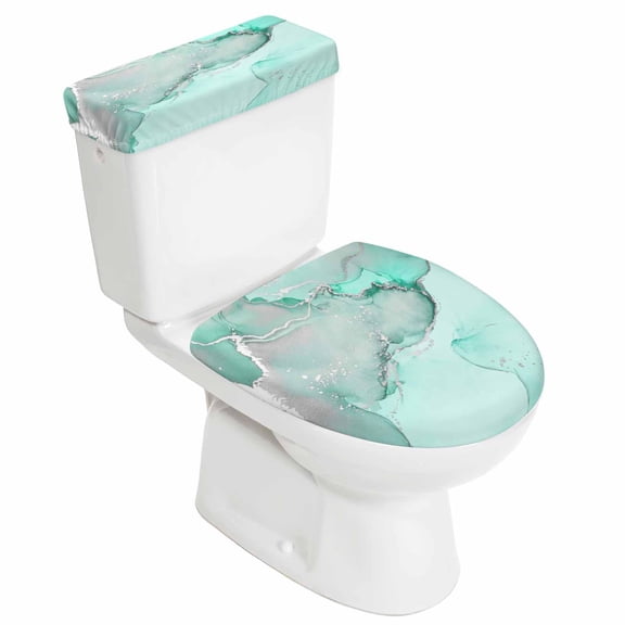 Aqua Marble Toilet Lid Cover and Tank Cover Set, Aqua Marble 2pc Stretch Toilet Lid Seat Covers for Bathroom Washable Protector with Elastic Edge for Standard & Elongated Toilets