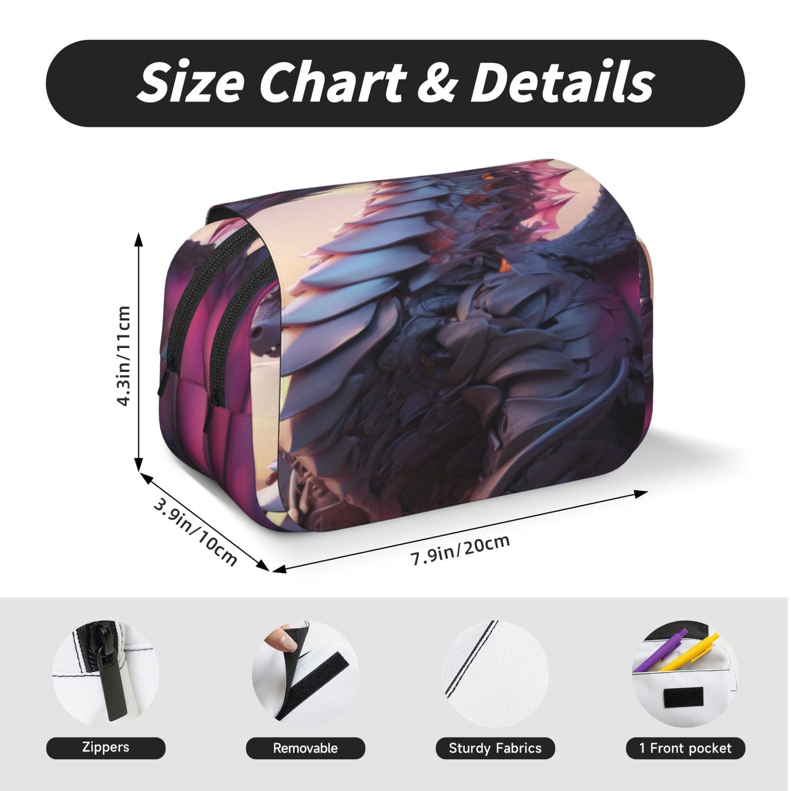 Rateoe Dragon Pattern Double Clamshell Pen Case, Storage Organizer with Two Zipper Compartments– Holds Up to 50 Pencils & Pens