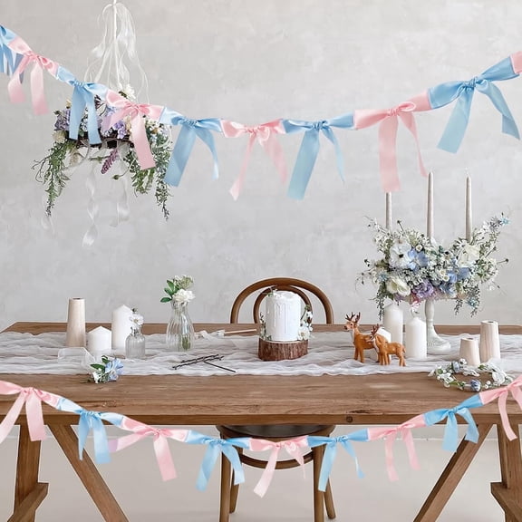 2pcs Bow Knot Garland 6ft Gender Reveal Party Decor, Pre-Assembled Satin Ribbon Banners in Pink and Blue for Shower Tables, Walls and Backdrops