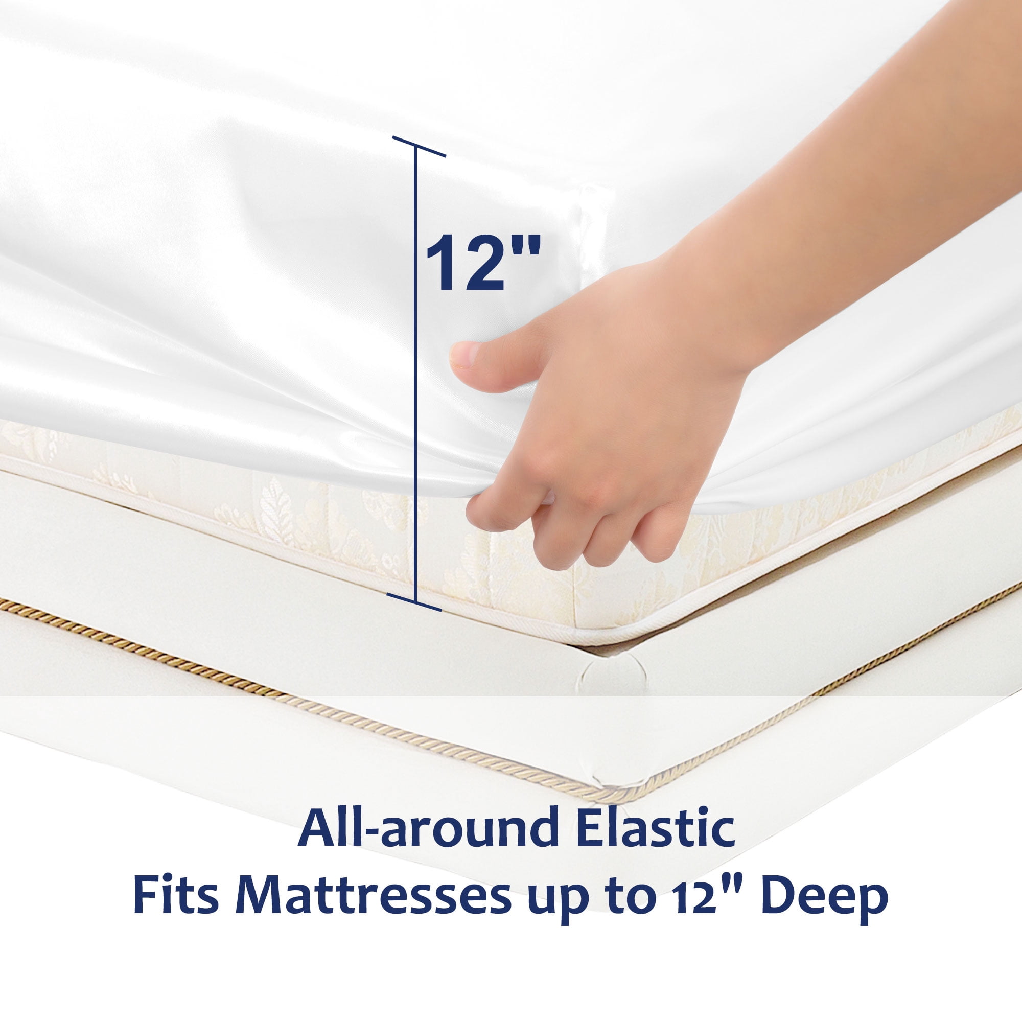 Unique Bargains 12" Large Pocket Satin Silk Fitted Sheet King Pearl White