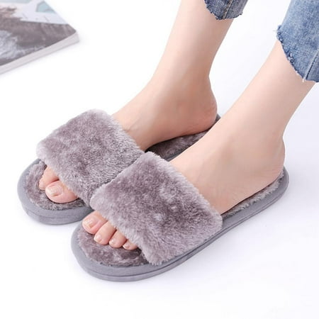 

Catlerio Women s Slippers Soft Plush Shoes Open Toe Flat Fur Slippers Thick Non-slip Home Indoor