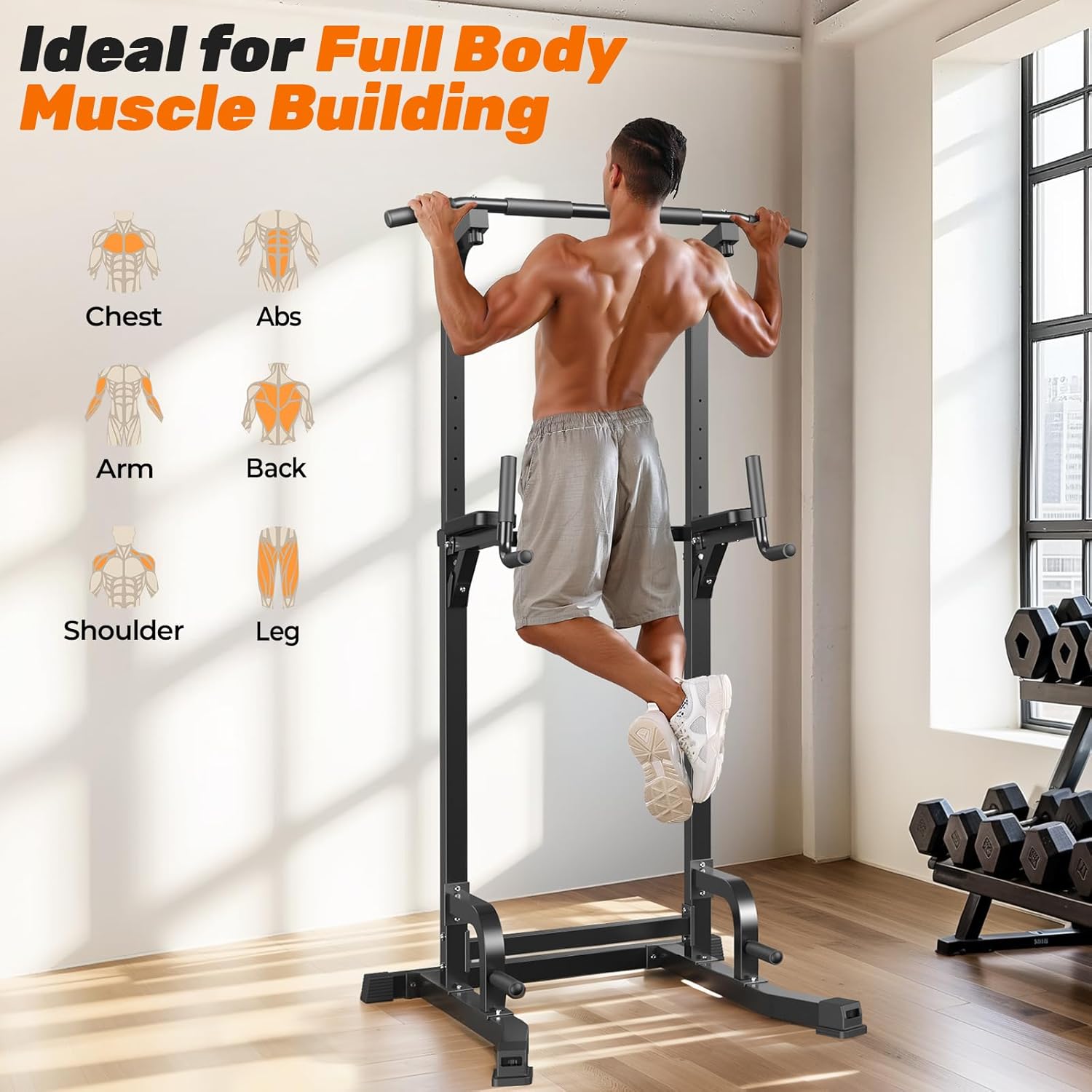 FED Fitness Sportsroyals Power Tower Pull Up Bar Station, 450LBS Stable Pull Up Dip Station for Home Gym