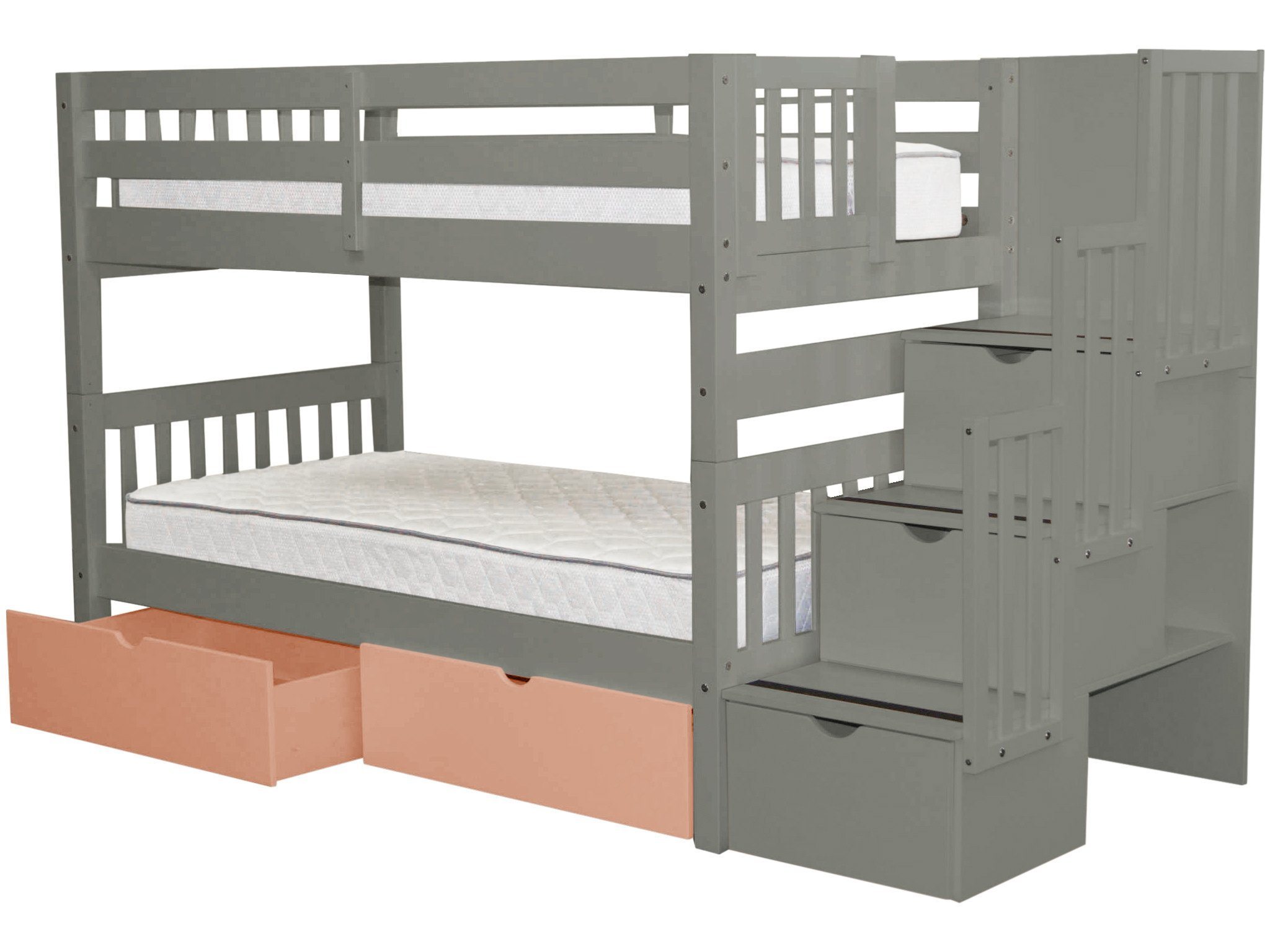Bedz King Stairway Bunk Beds Twin Over Twin Gray With 3 Drawers In