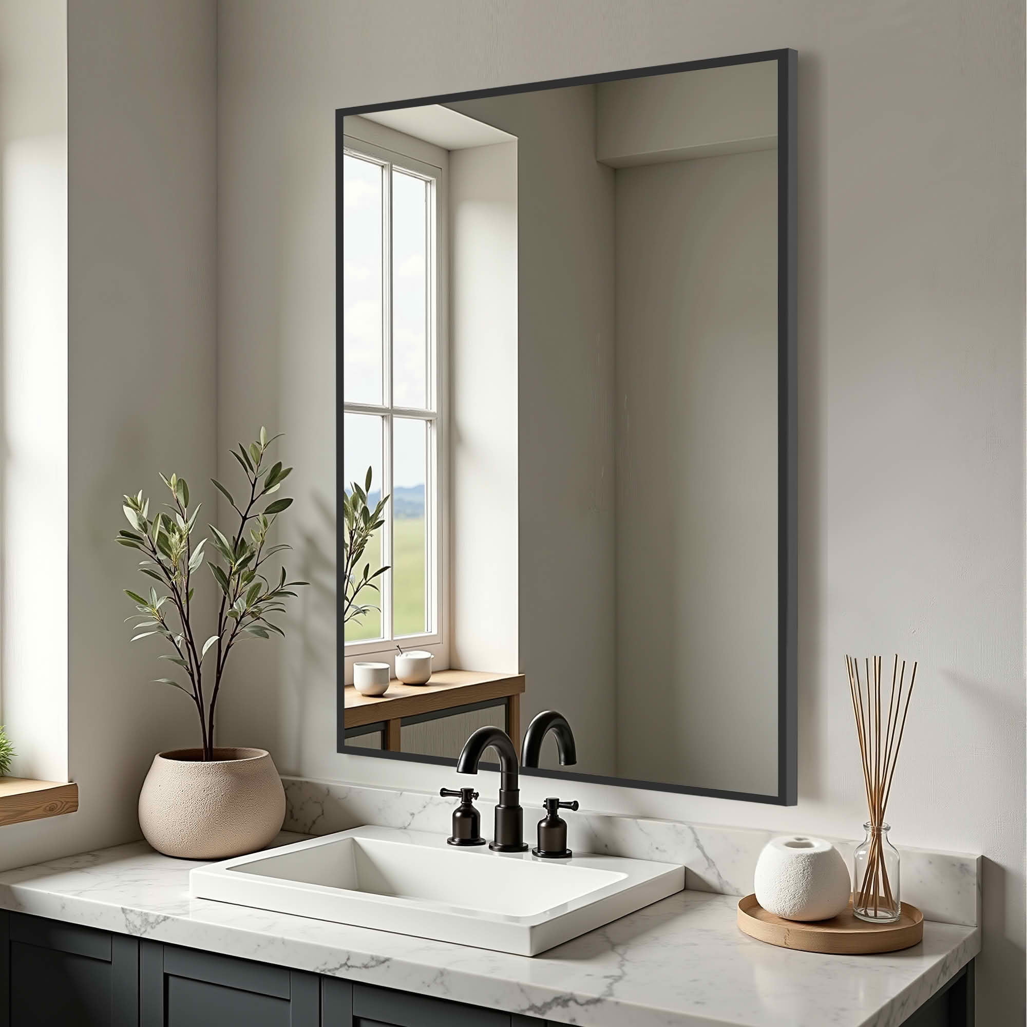 MAYEERTY 38x26x1 Inch Black Thin Edge Aluminum Right Angle Rectangular Wall Mounted Mirror, Double Sided for Bathroom