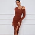 thumbnail image 3 of Women's Sexy One Shoulder Long Sleeve Cocktail Dress Ruched Bodycon Drawstring Split Maxi Dresses, 3 of 5