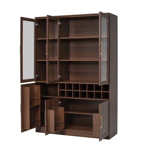 70.87" Tall Wine Bar Cabinet with Glass Doors, Modern Liquor Cabinet with Removable 14-Bottle Wine Rack & Built-in Door Shelves, High-Capacity Home Bar Storage Cabinet, Walnut