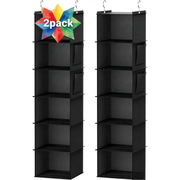 Hanging Closet Organizer, 6-Shelf Closet Hanging Storage Shelves, 2 Packs, Black