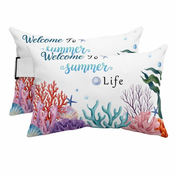 Welcome to Summer Life Outdoor Pillow for Chaise Lounge Chair,Head RestingPillow with Insert, Ocean Pink Red Blue Corals Waterproof Lumbar Pillows for Patio Chaise Beach Chair,11"x16" 2 Pack