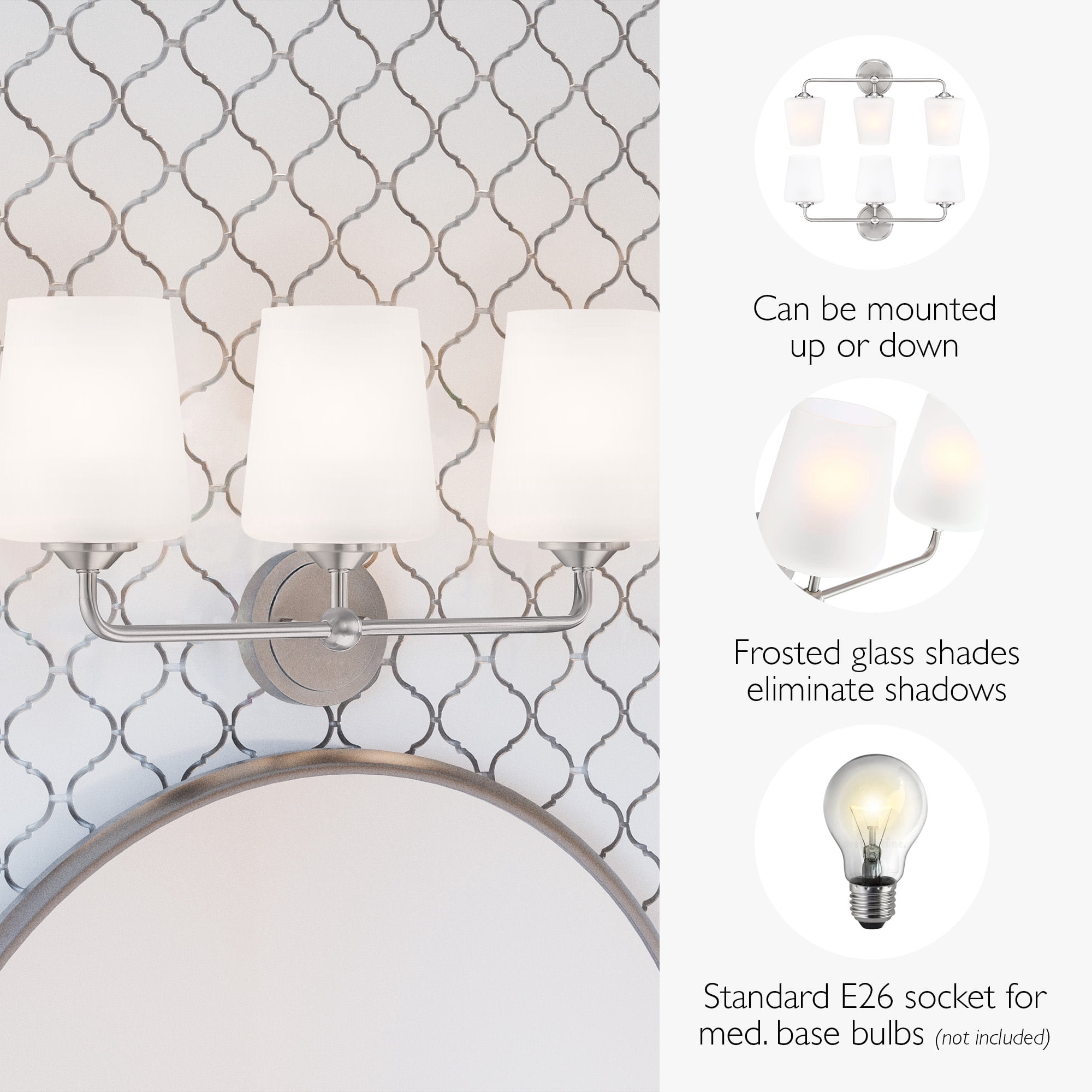 Sylva 3-Light Vanity Light, Frosted Glass Shades, Satin Nickel
