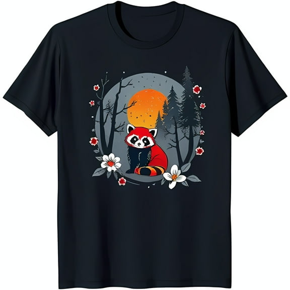 Relaxing Red Panda Graphic Tee Sunset Woods Design on Dark T-Shirt