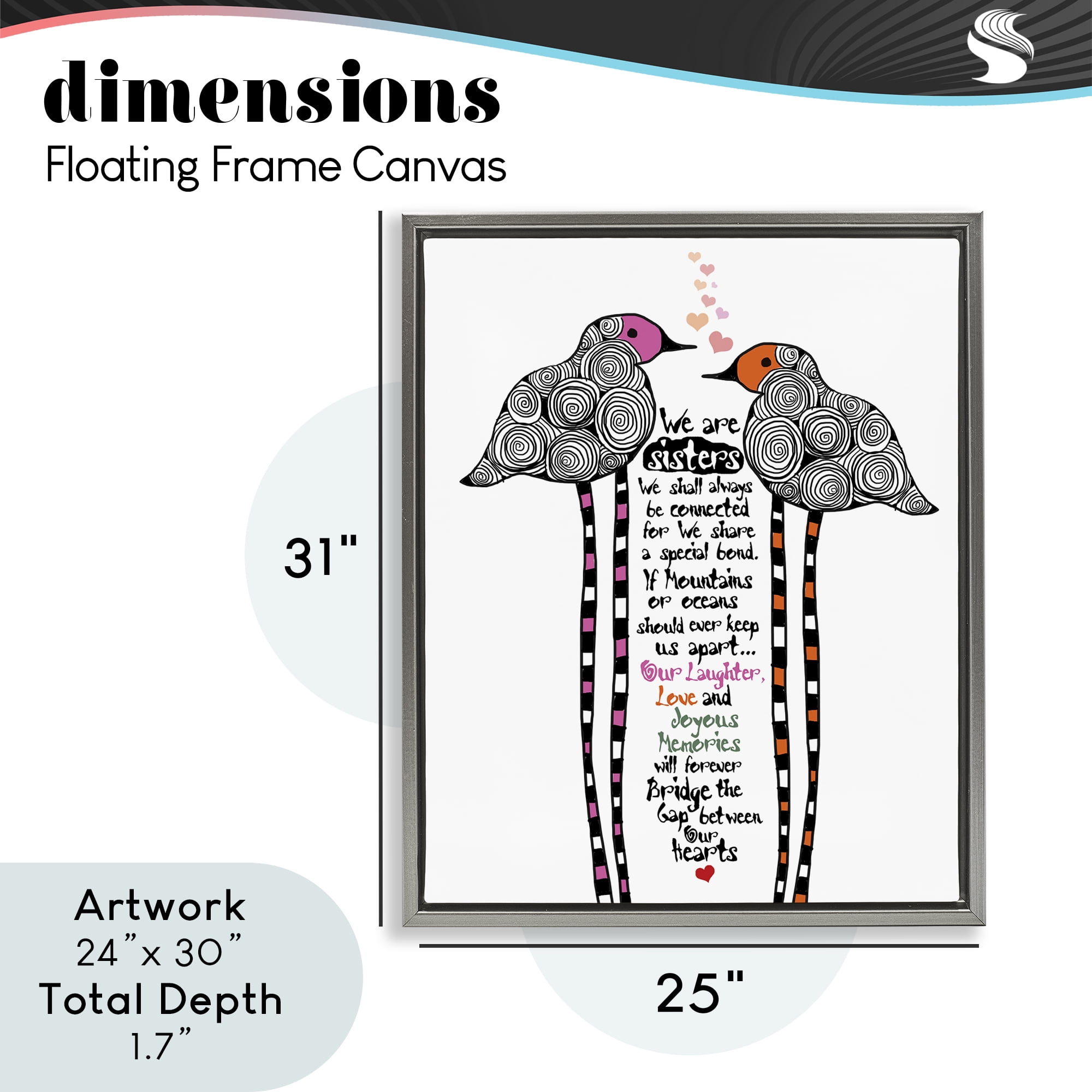 We Are Sisters Bird Duo Gray Framed Floater Canvas Wall Art, design by Suzanne Millius