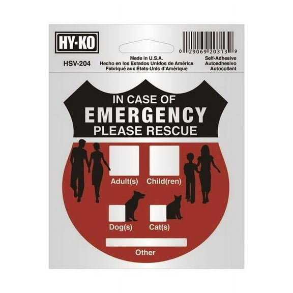 Hy-Ko Emergency Rescue Sign Vinyl - Multicolor, 6 Pack, 4 x 4 In.