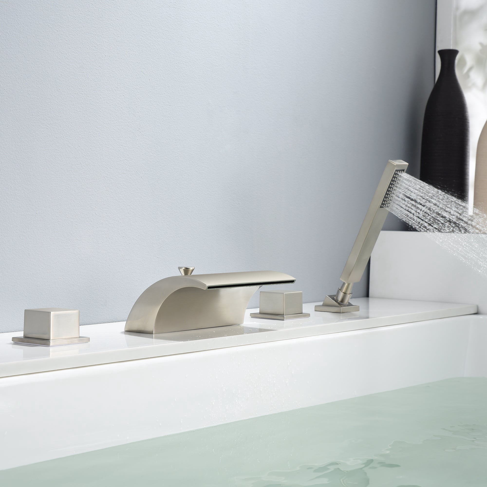 Brushed Nickel High Flow Bathtub Faucet with Sprayer, Waterfall Tub Spout with Diverter