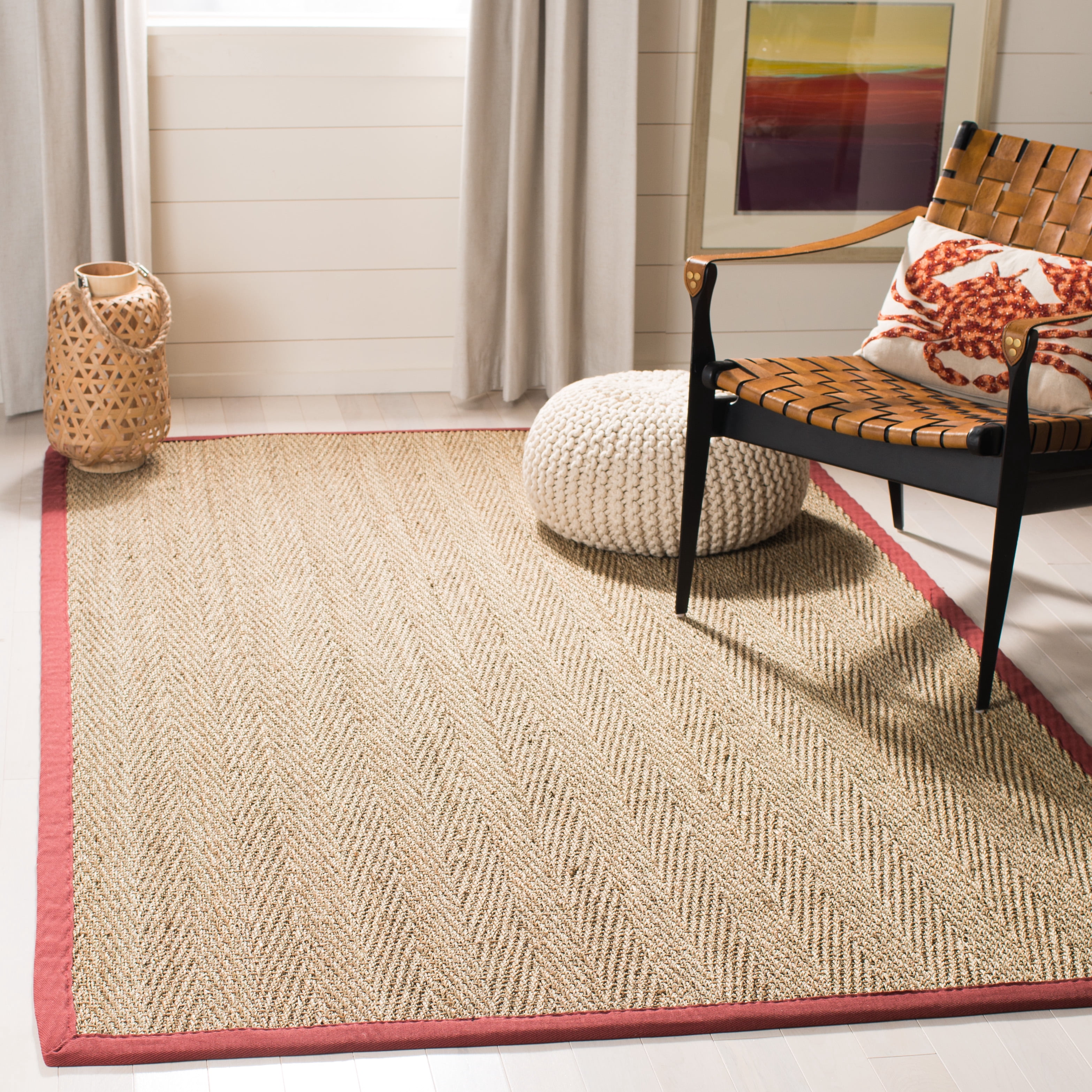 SAFAVIEH Natural Fiber Maisy Solid Area Rug, Natural/Burgundy Red, 6' x 6' Square