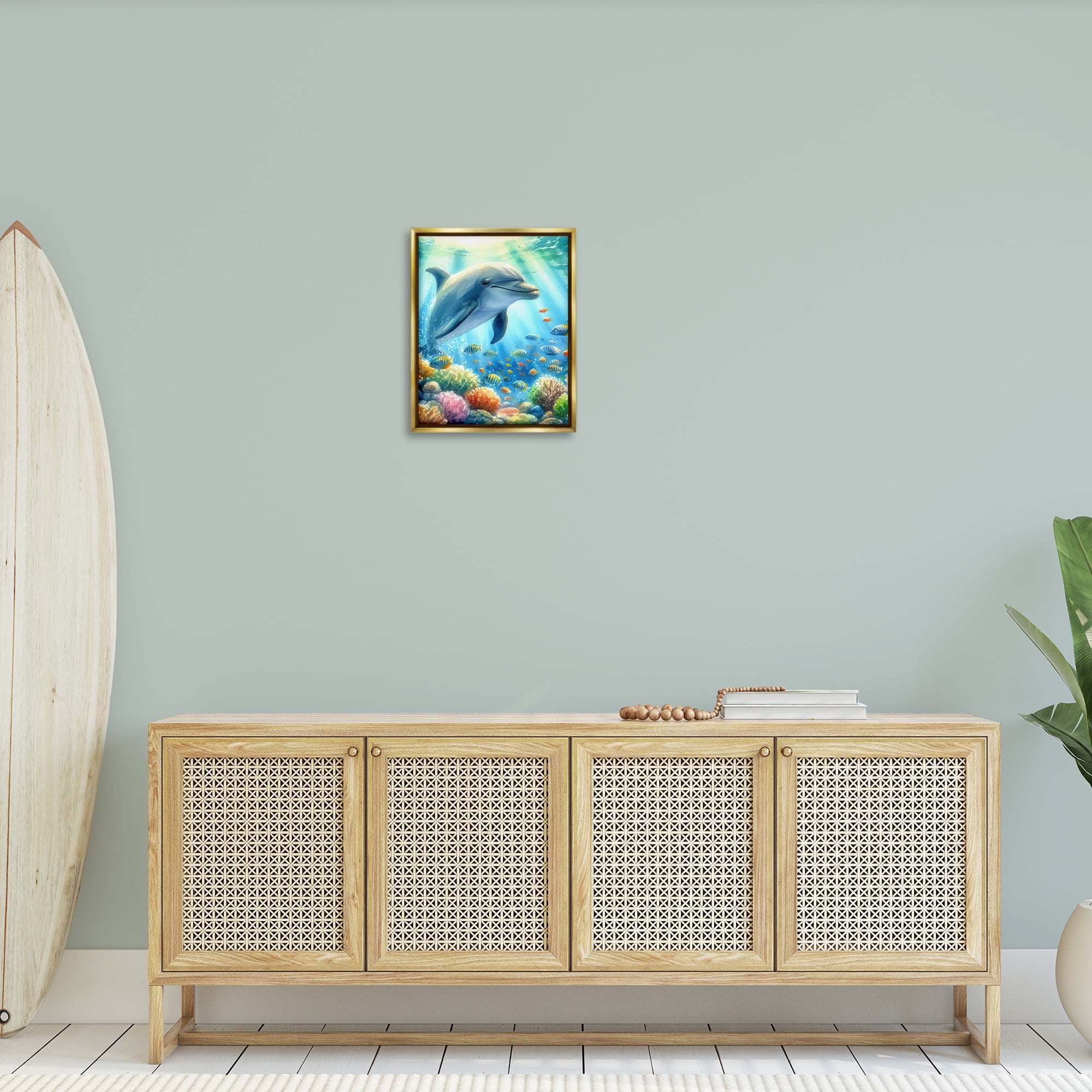 Stupell Industries Majestic Dolphin Underwater Nautical & Beach Painting Gold Floater Framed Canvas Art Print Wall Art, 17 x 21