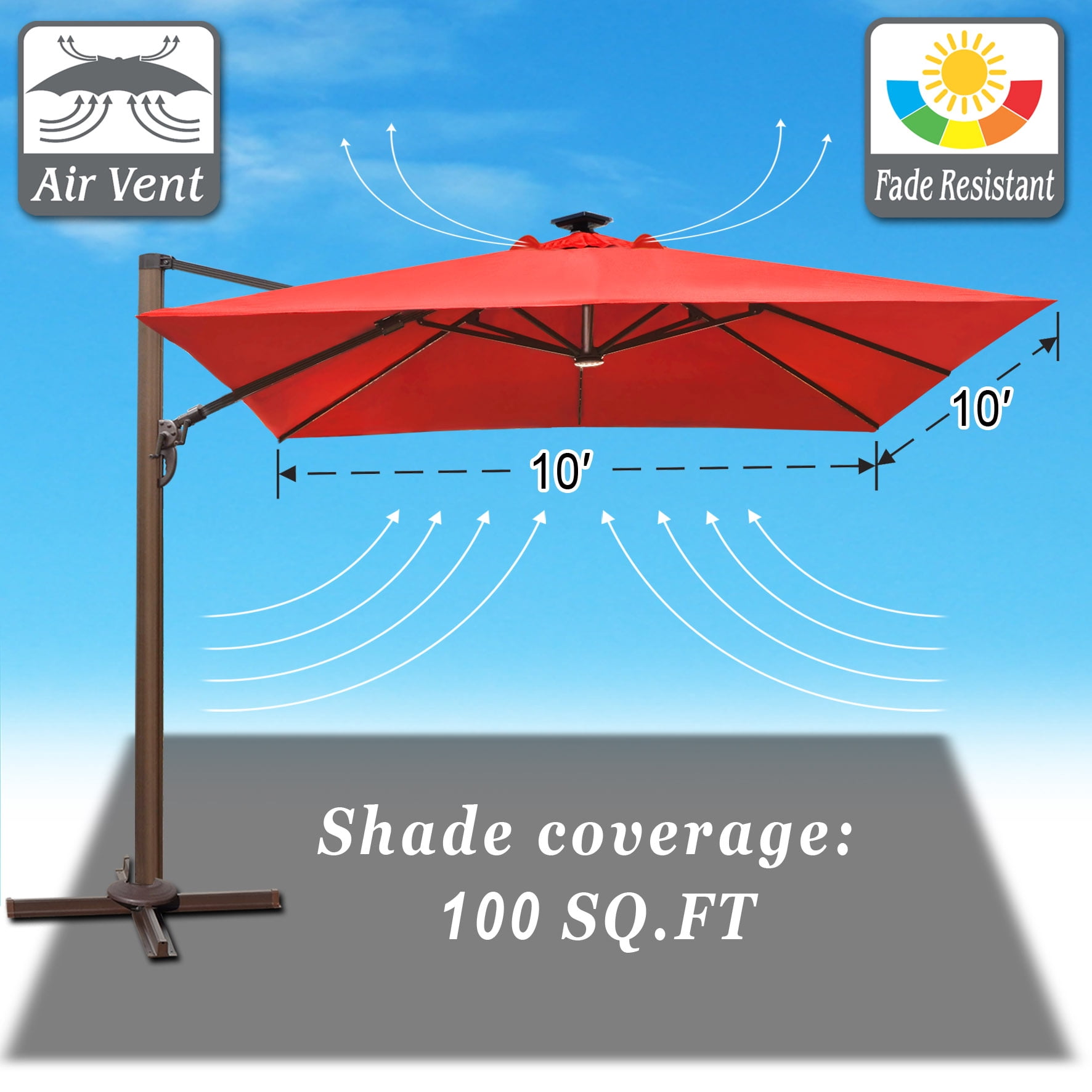 Strong Camel 10'x10' Deluxe Anti-wind Cantilever Sunbrella Roma Umbrella Heavy duty Offset Solar Umbrella