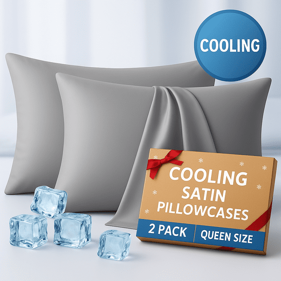 Qutool Cooling Satin Pillowcases, Gray, Queen 2 Pack, Anti-Frizz Hair Care, Holiday Gift Set