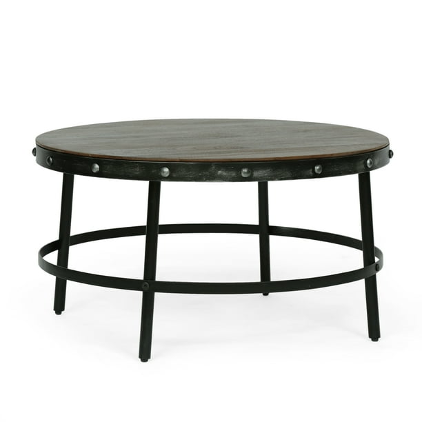 Clopton Modern Industrial Handcrafted Round Mango Wood Coffee Table Brown And Antique Metal Com Clopton Modern Industrial Handcrafted, Dark Mango Wood Round Coffee Table